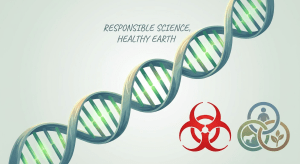 DNA helix with biohazard symbol over a green forest background with text 'Responsible Science, Healthy Earth'